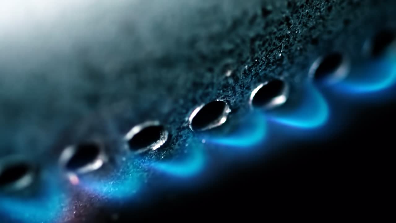 오븐에서 불타는 가스 버너 검은 바탕에 클로즈업 4k 극단적 인 클로즈 업 원시 비디오와 부드러운 카메라 움직임