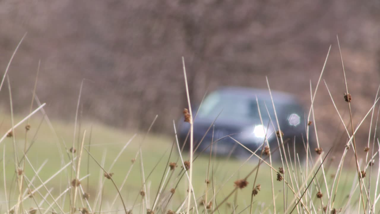 매우 더운 여름날 밝은 태양 아래 자연에 주차된 초점이 맞지 않는 검은색 공원