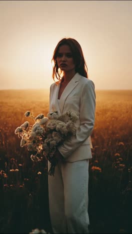 woman in white suit in a golden wheat field at sunrise