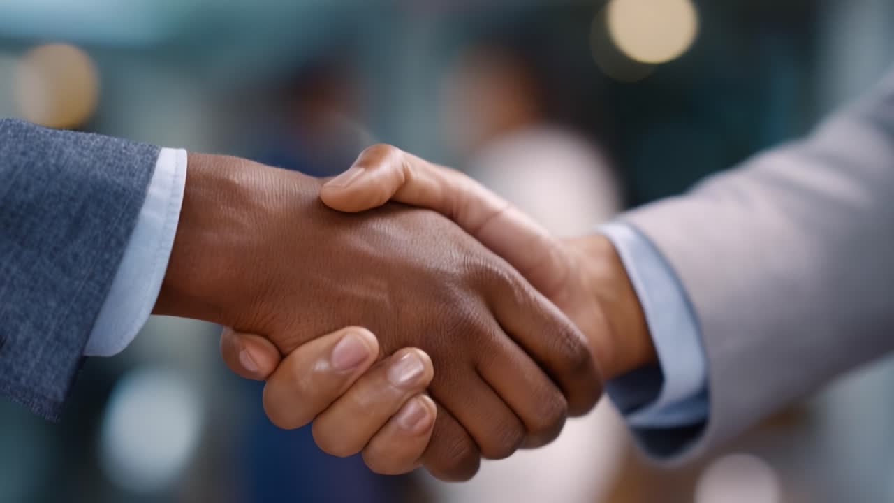 Two individuals engage in a firm handshake symbolizing partnership, agreement, and mutual respect in a professional and collaborative environment