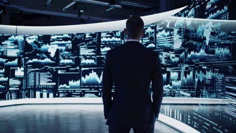 A man in a suit observes digital data on curved screens. The low-angle shot enhances the futuristic