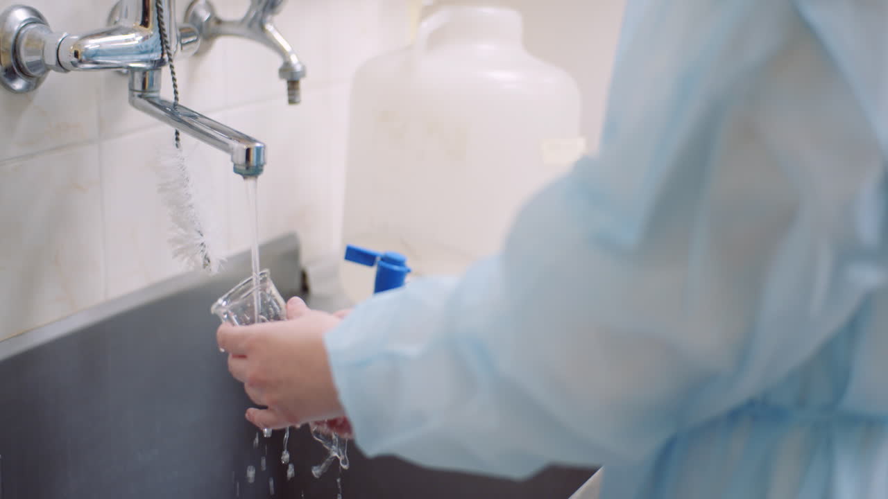 el científico lava el tubo de ensayo en el fregadero del laboratorio