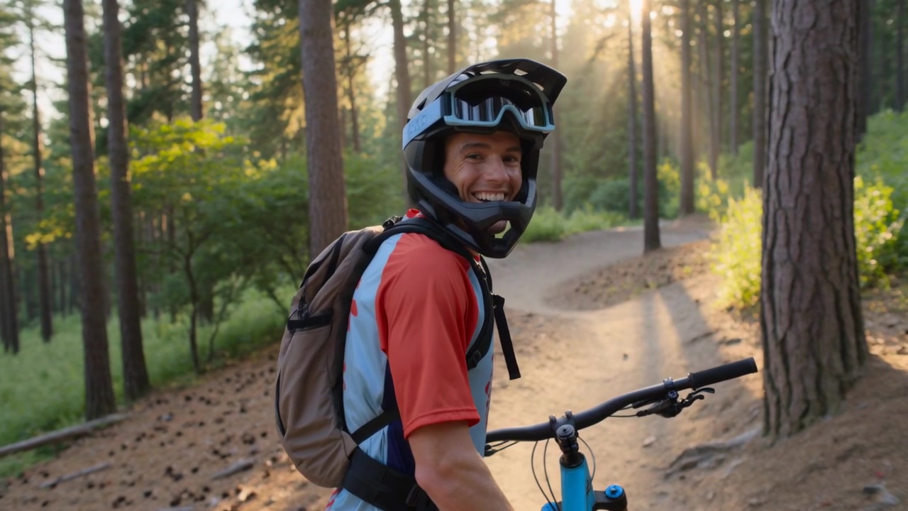 Mountain biker che cammina saluta mentre la telecamera si avvicina su un sentiero tra i pini, tiene una bici blu e indossa casco e maglia.