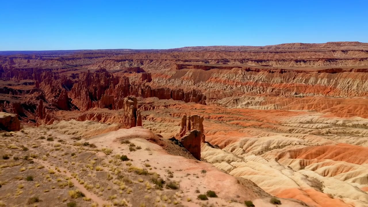 Veduta panoramica elevata di canyon desertici stratificati rossi e bianchi, caratterizzati da guglie di arenaria erose, creste e terrazze sotto un cielo blu limpido.