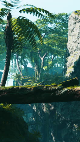 un paisaje de selva tropical exuberante con un puente de troncos al lado del acantilado