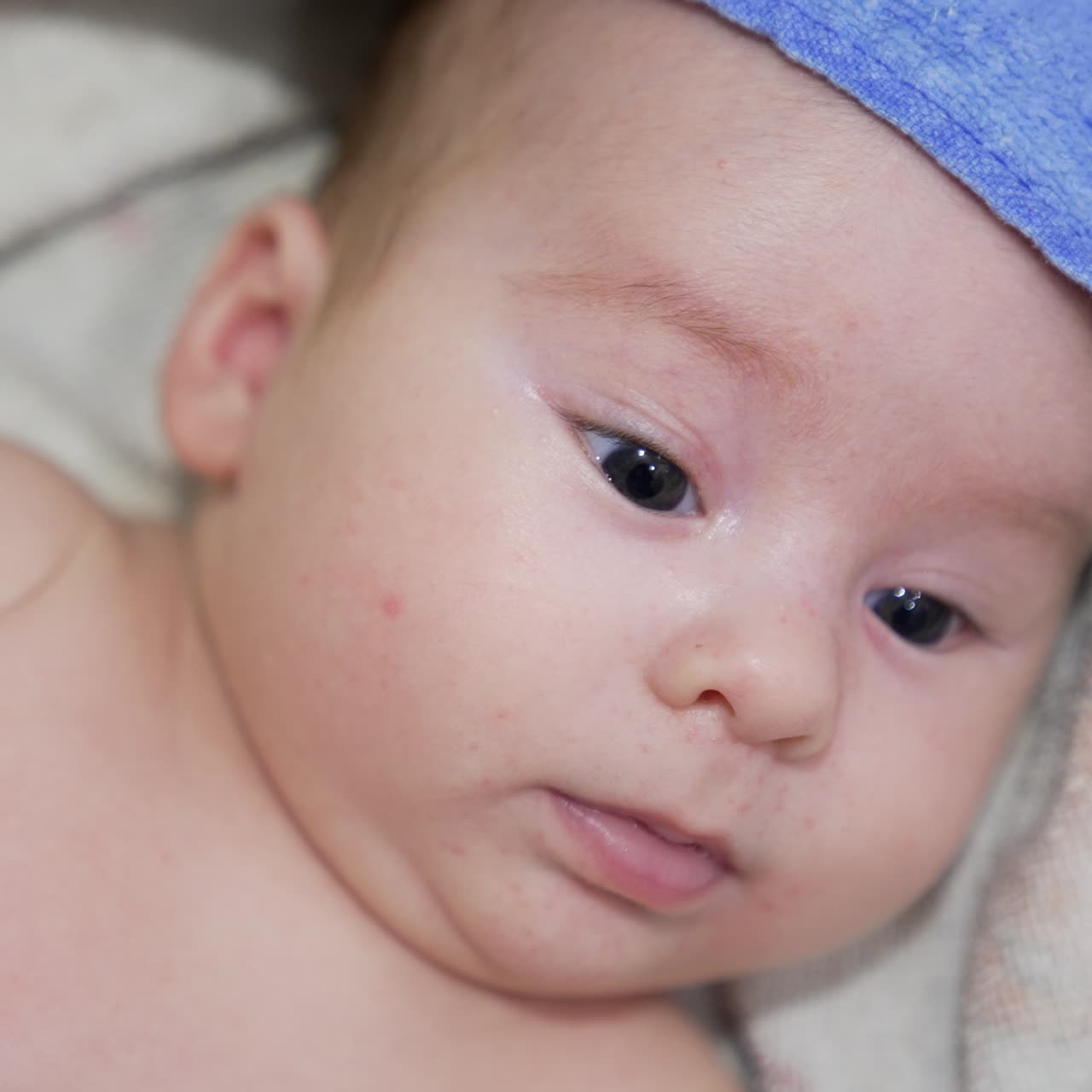 Calm little infant in towel resting after the bathing time. Peaceful baby boy looking straight into camera. Close up
