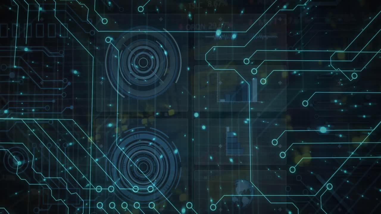 Animation of data processing, online security padlock and circuit board