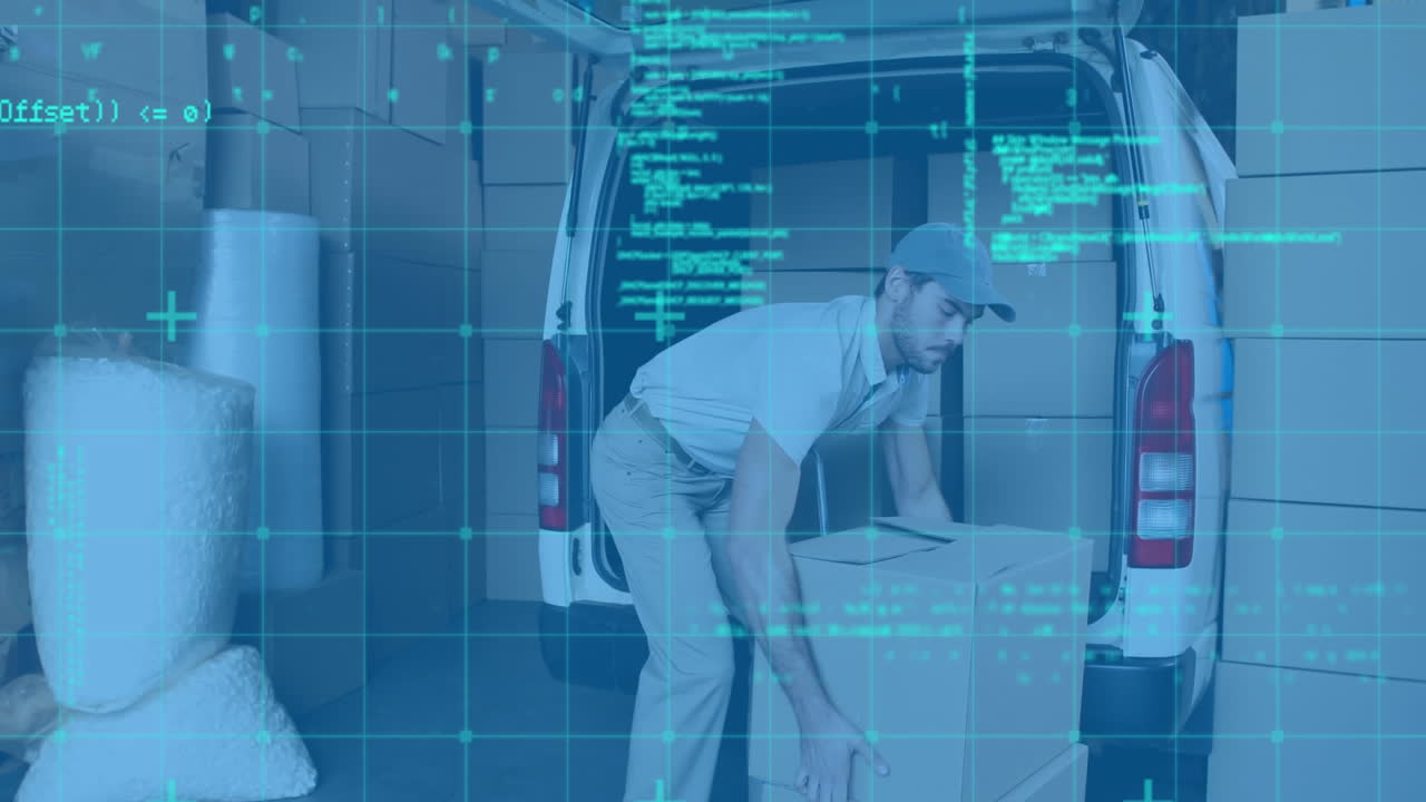 Databehandling over et grid-netværk med en kaukasisk leveringsmand, der stabler leveringskasser i sin varevogn