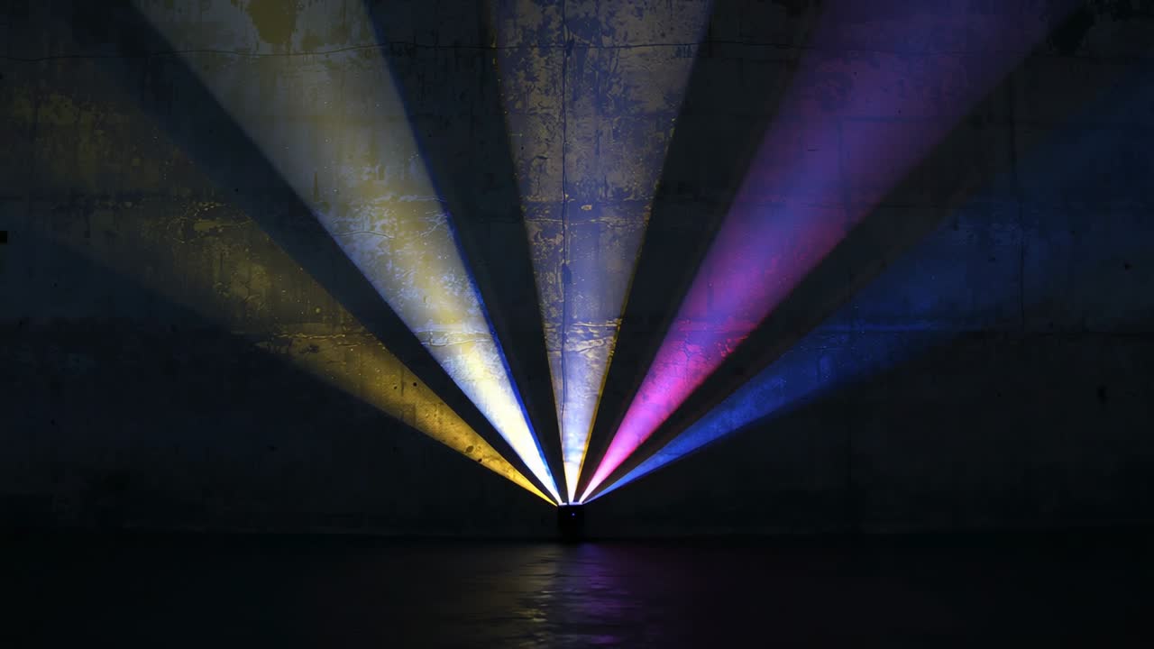 Programmgesteuerte RGB-Bodenlampe wirft fünf Strahlen auf eine Betonwand, Nebel erzeugt auf dem nassen Boden Spiegelungen.