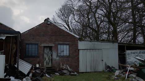 Cat-on-roof-of-abandoned-house-with-trash-around,-handheld