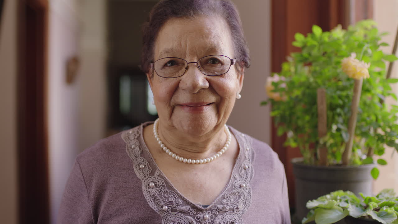 retrato de una elegante anciana de raza mixta sonriendo feliz ante la cámara de pie junto a la ventana con un collar de perlas