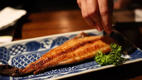 hand squeezing lemon over grilled fish dish