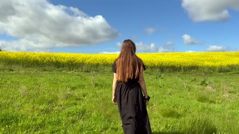 black dress woman walk towards yellow rapeseed field