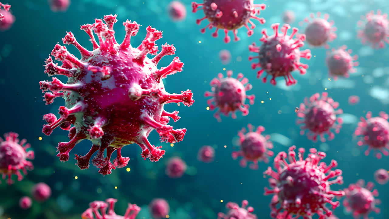 A close up of a pink virus in a blue ocean. The virus is surrounded by other pink viruses