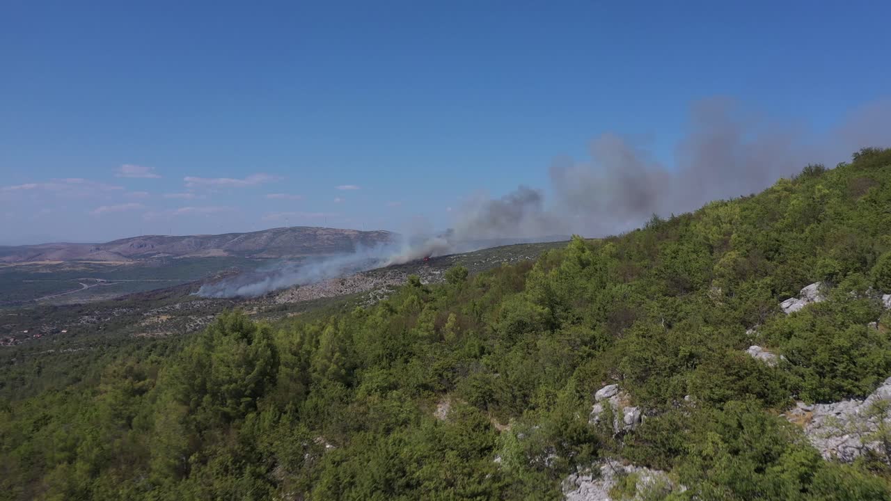 volando sobre un bosque verde con humo saliendo de un incendio forestal en la distancia