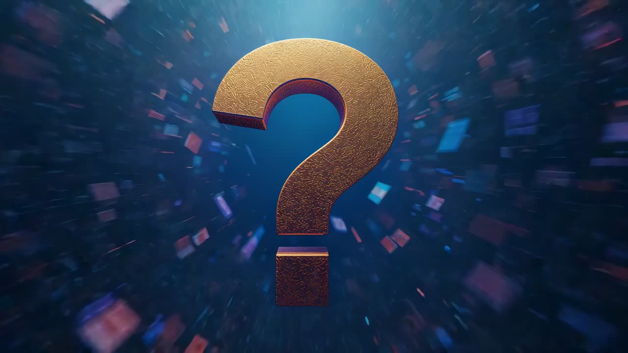 Opening frame showing 3D golden question mark fading to center in digital space, shards swirling