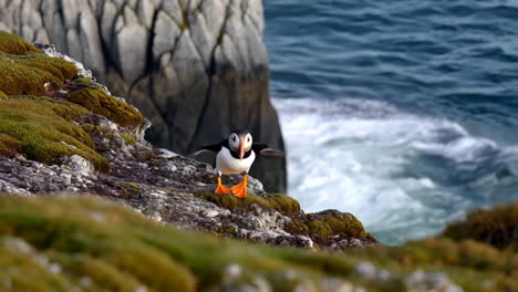 atlantic puffin in flight and on coastal cliffs