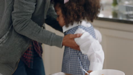 beautiful little girl eating breakfast father taking daughter to school holding her hand