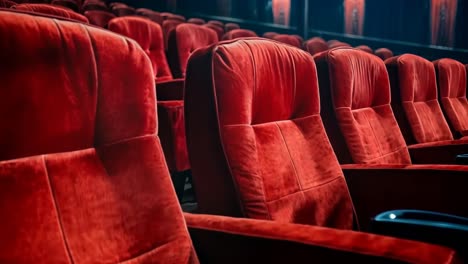 a row of red chairs in a movie theater