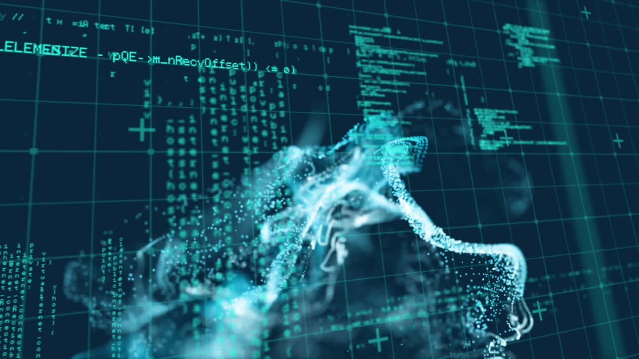 검은색 배경의 데이터 처리에 대한 밝은 반점이 있는 모양의 애니메이션