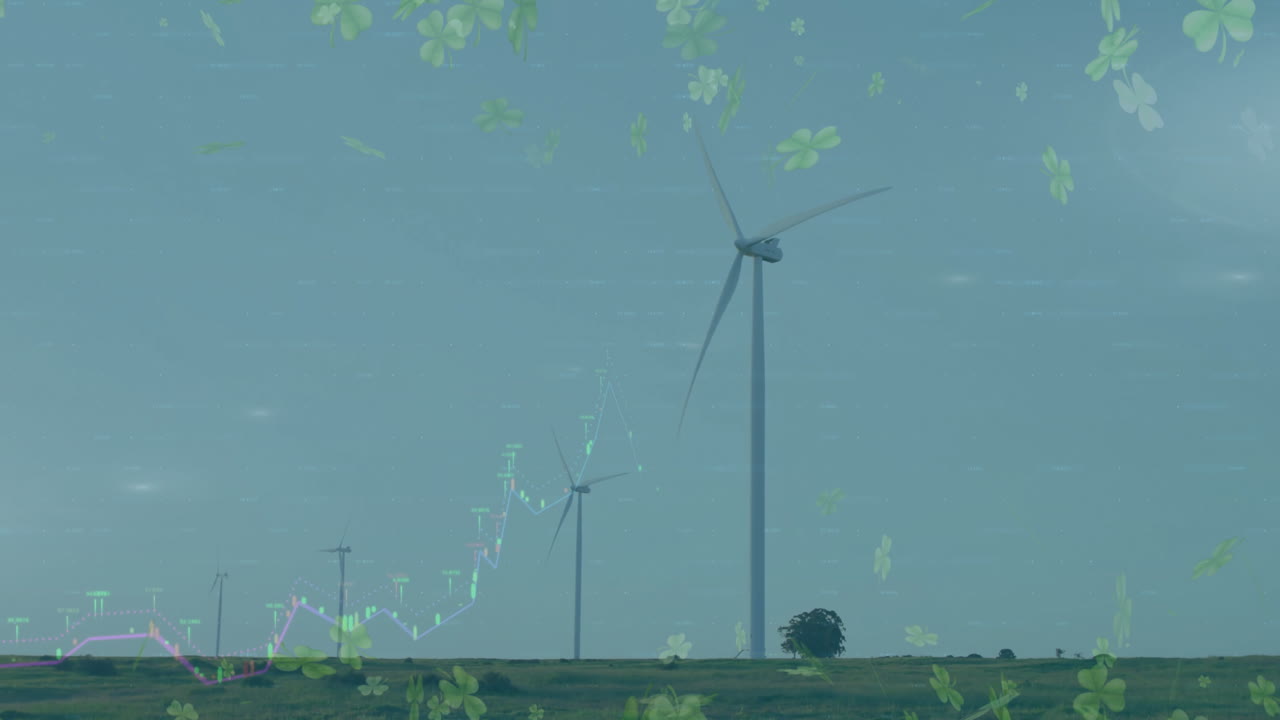 Wind turbines spinning in field with green clover and data chart animation overlay
