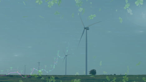 wind turbines spinning in field with green clover and data chart animation overlay