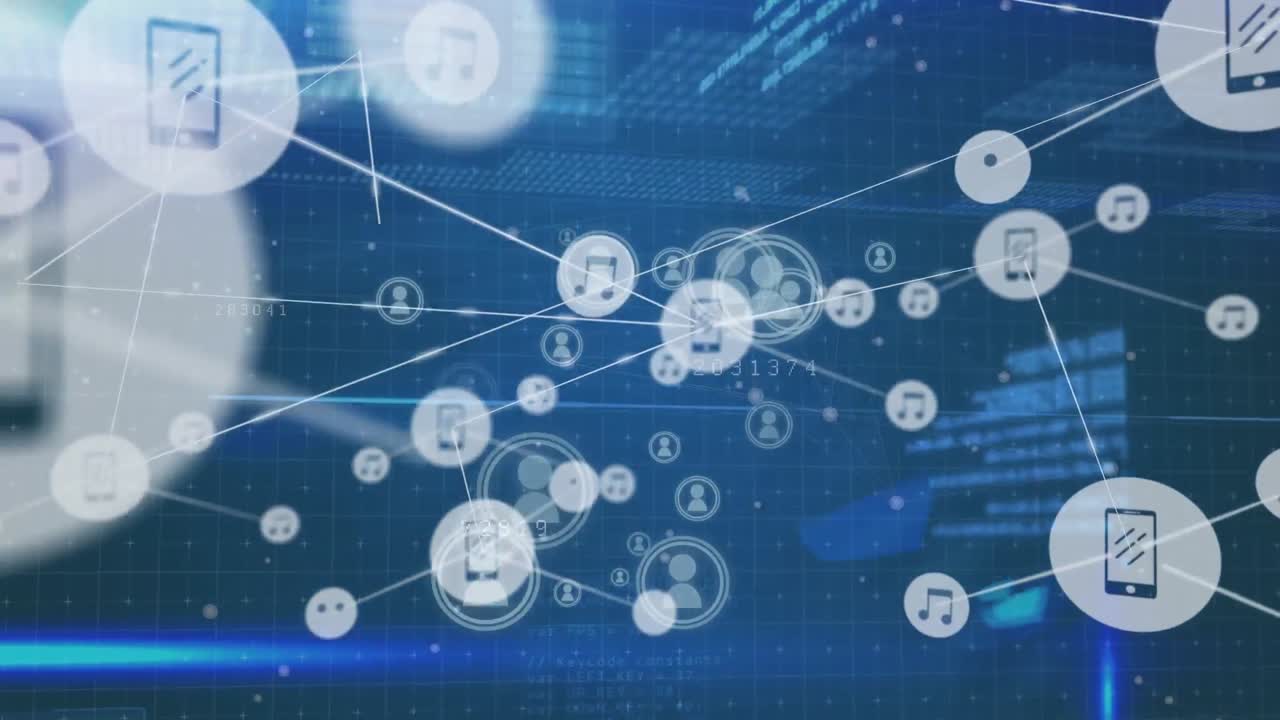 Animation of network of connections with icons over data processing on blue background