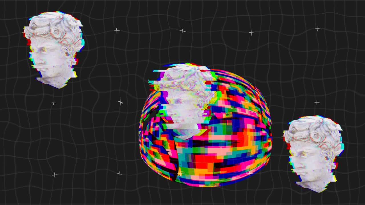 검은색 배경에 다채로운 모양의 고대 머리 조각의 애니메이션