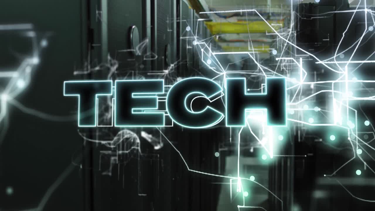 Animation of tech text and data processing over computer servers