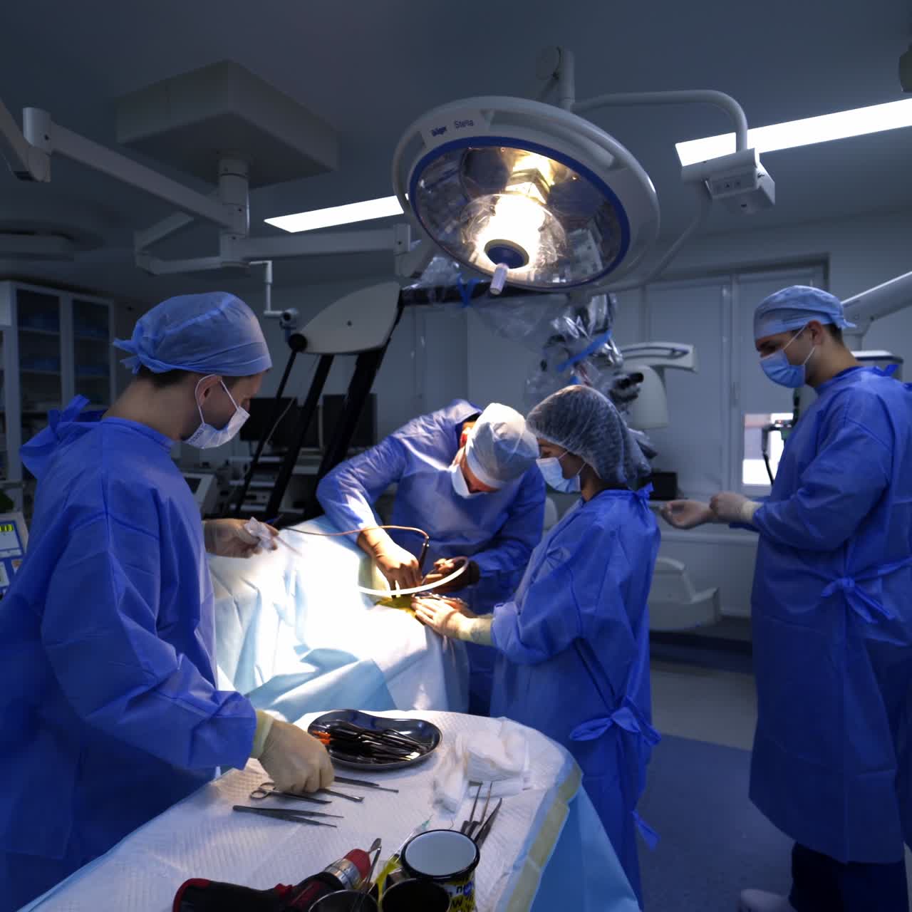 Professional doctors in medical uniform making an operation. Process of operation by neurosurgeons