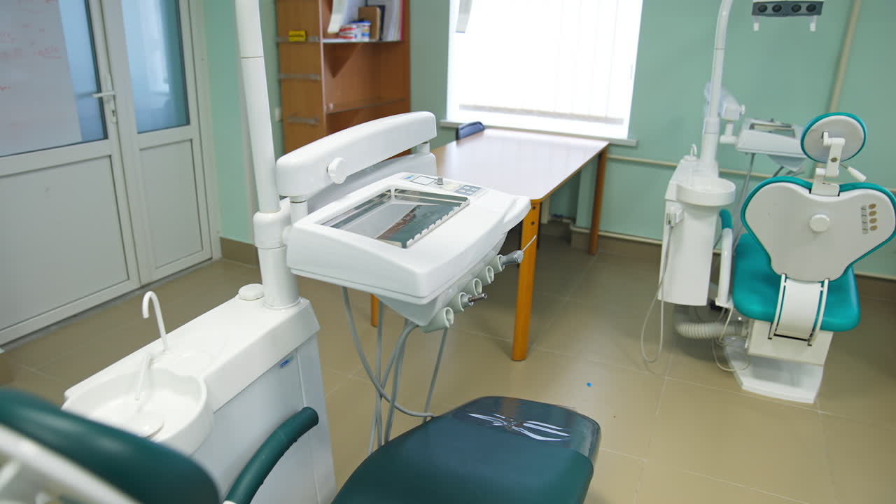 Stomatology armchair models placed in medical university. Training facilities for students of dentistry department.
