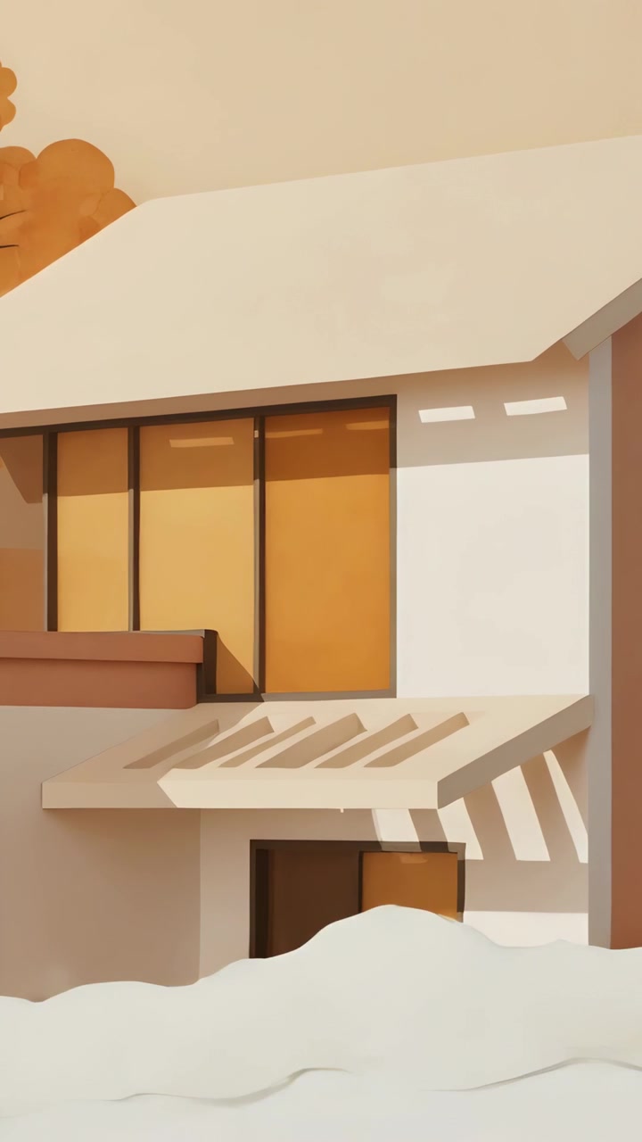 Video verticale: Telecamera che scende rivelando la facciata di una casa a due piani, mostrando finestre color ambra.