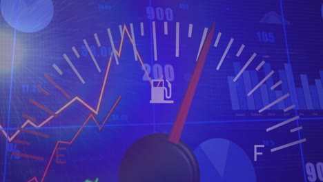 animación del velocímetro y el procesamiento de datos estadísticos contra un punto de luz sobre fondo azul.