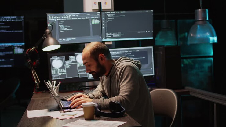 A programmer working on a computer in an office