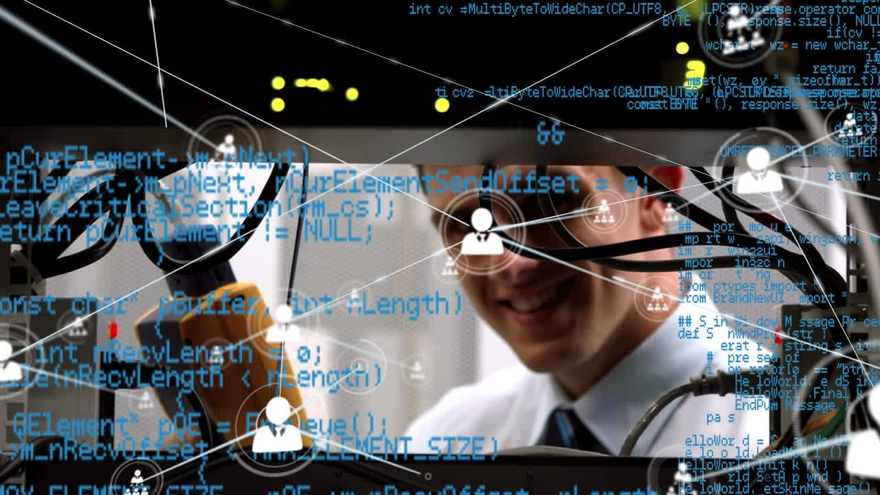 코딩 및 프로필 아이콘의 애니메이션이 카우카시안 맨 검사 네트워크 서버를 통해 상호 연결됩니다.