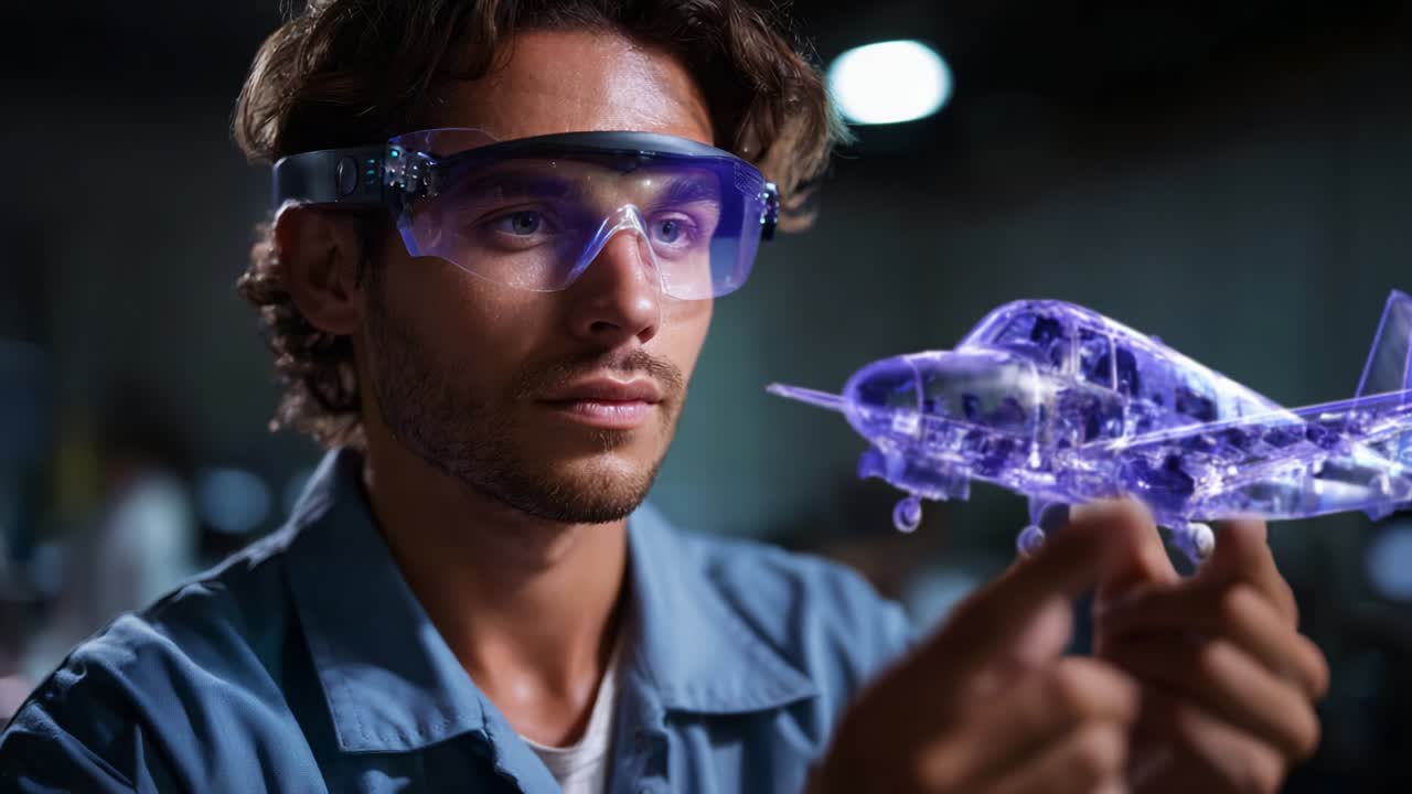 A focused engineer examines a translucent model airplane with precision, showcasing his skills in aviation design and model making, surrounded by a well-lit workshop atmosphere indicating innovation and creativity