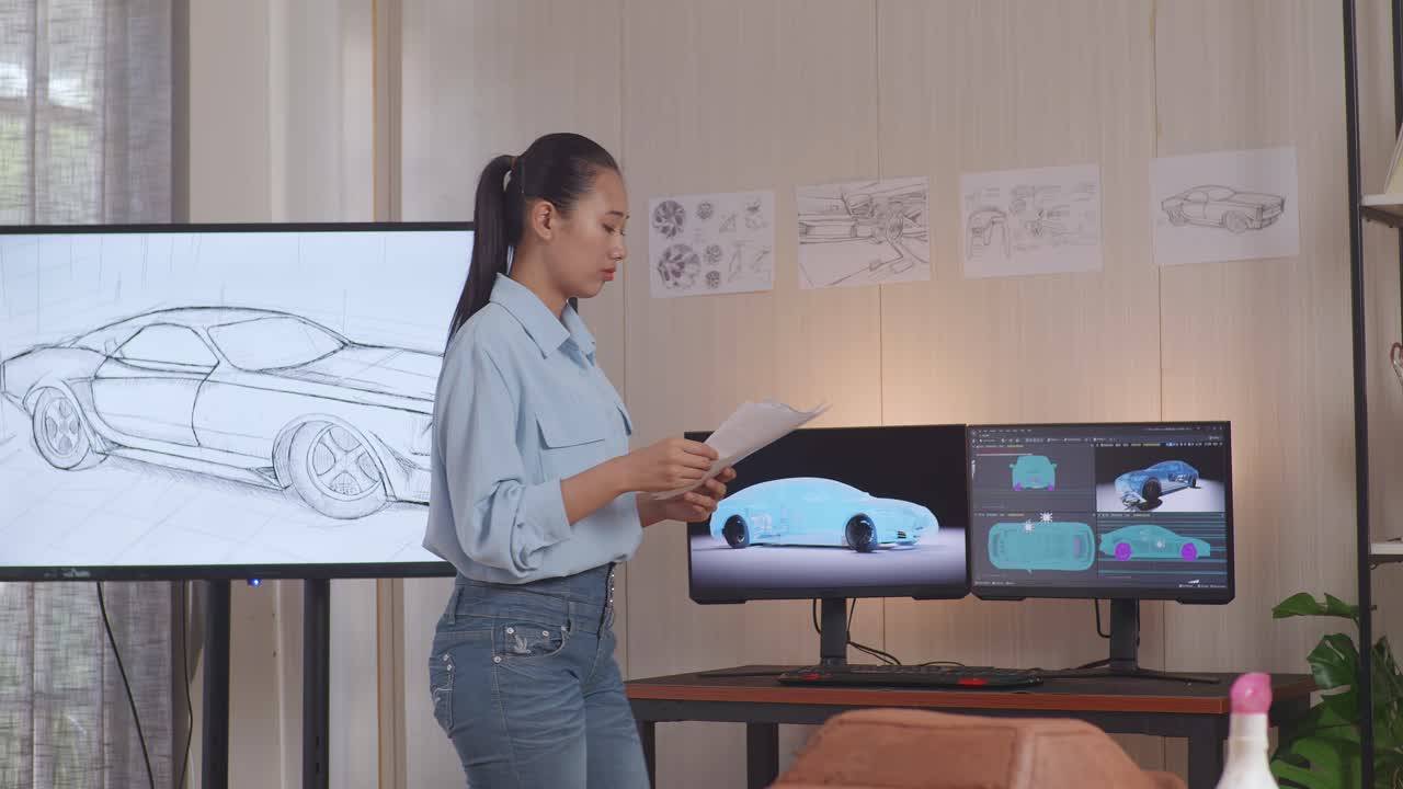 mujer asiática diseñadora de automóviles mirando papeles de boceto de diseño de automóviles en sus manos y caminando por el estudio con la escultura de arcilla de automóviles