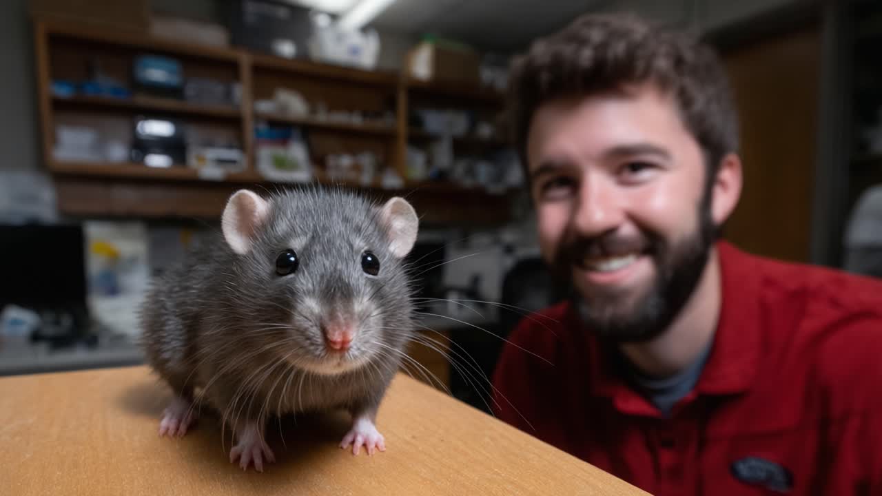 Close-Up Interaction Between a Smiling Person and an Adorable Gray Rat in a Laboratory Setting, Capturing the Bond Between Human and Pet