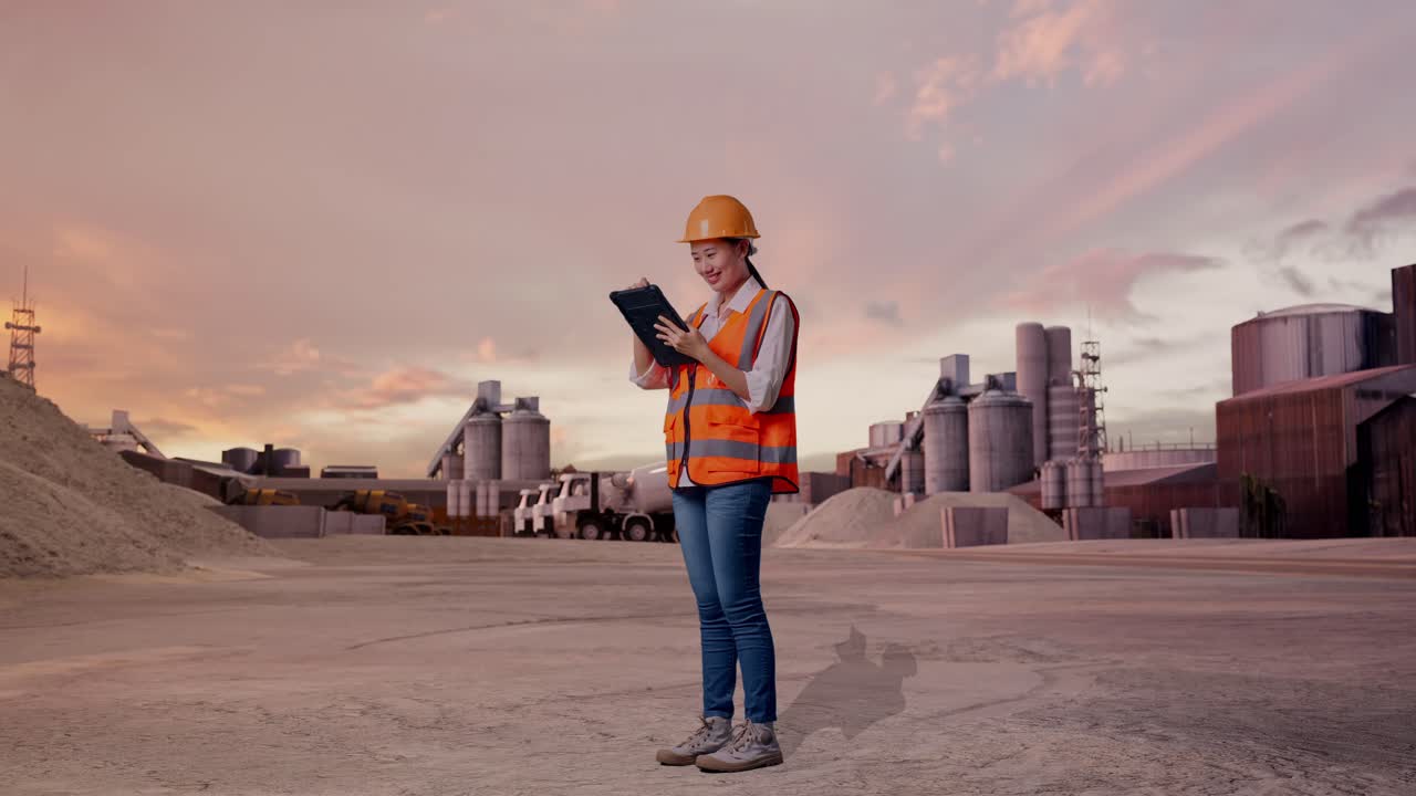 Vista Lateral de Corpo Inteiro de Engenheira Asiática Com Capacete de Segurança Anotando no Tablet e Olhando ao Redor Enquanto Está em Pé em uma Fábrica de Cimento Industrial com Caminhões Betoneira ao Pôr do Sol