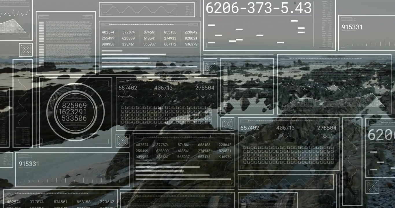 HUD fading over rocky coast, animating numeric readouts and simulating data scanning