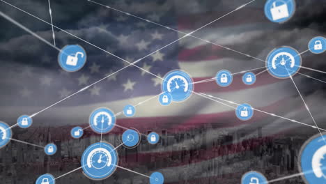 animation of network of security and data icons over flag of america and cityscape