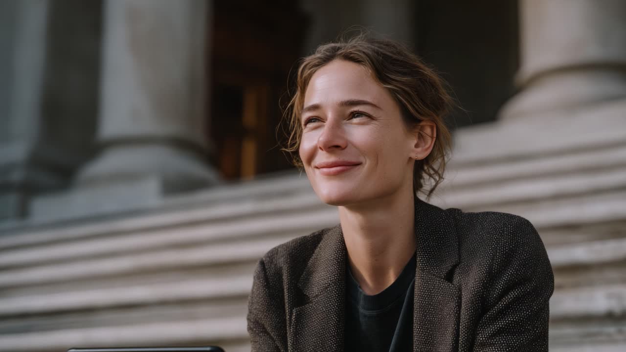 Una donna seduta sui gradini con un sorriso, che incarna un momento di gioia e riflessione, catturando perfettamente la felicità nel suo ambiente e in un'atmosfera rilassata