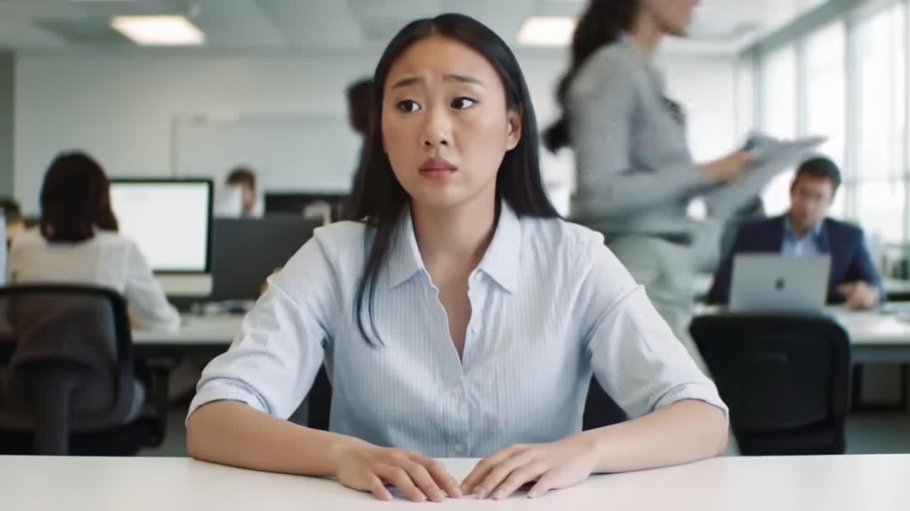 A woman appears anxious and uncertain while waiting in a bustling office. Colleagues engage in discussions nearby, highlighting a tense atmosphere. The setting indicates a critical moment in the day.