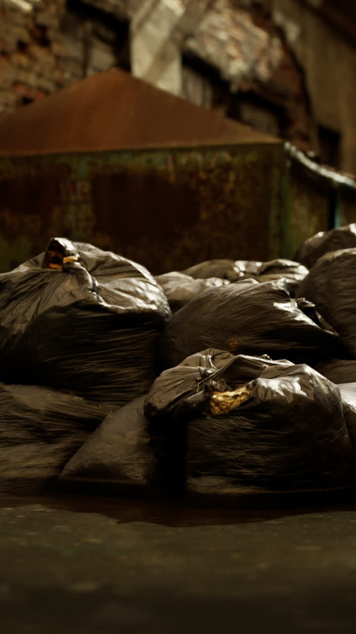 Trash bags piled in an alleyway near a dumpster in an urban environment