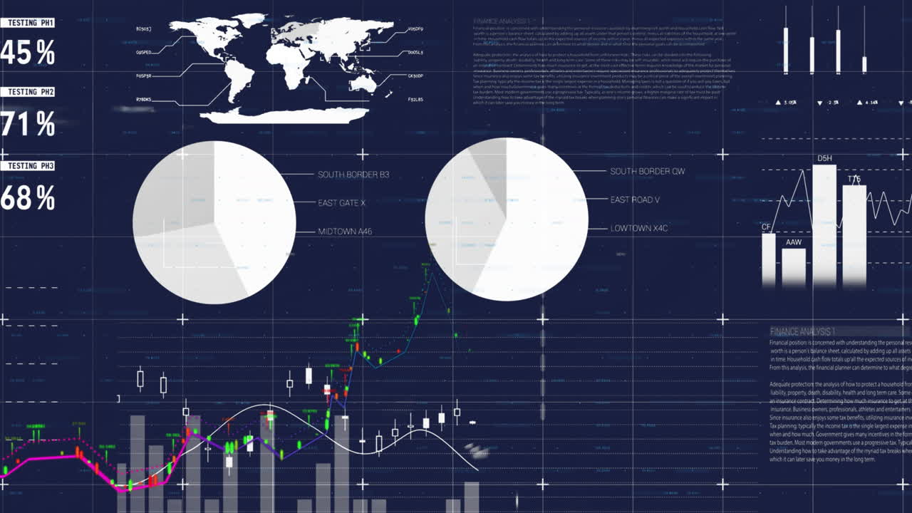 Animation of financial data processing over blue background