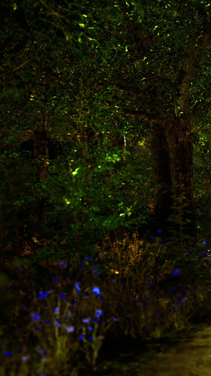 Scena notturna in un bosco con luci scintillanti e fiori vicino agli alberi