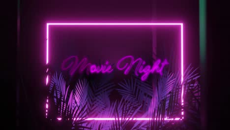 animación del texto de la noche de la película sobre la forma de neón y las hojas sobre fondo negro