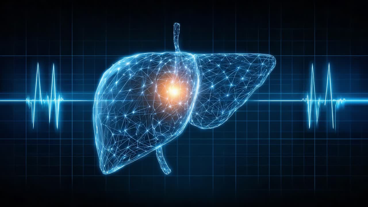 A Captivating Visualization of a Human Liver in Digital Format Featuring Pulsating Heartbeat Graphs Conveying Health and Medical Technology Concepts