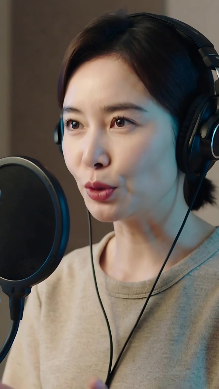 縦型動画：スタジオで録音するため、ポップマイクに向かって歌うベージュのクルーネックを着たアジア人女性、電話が映る