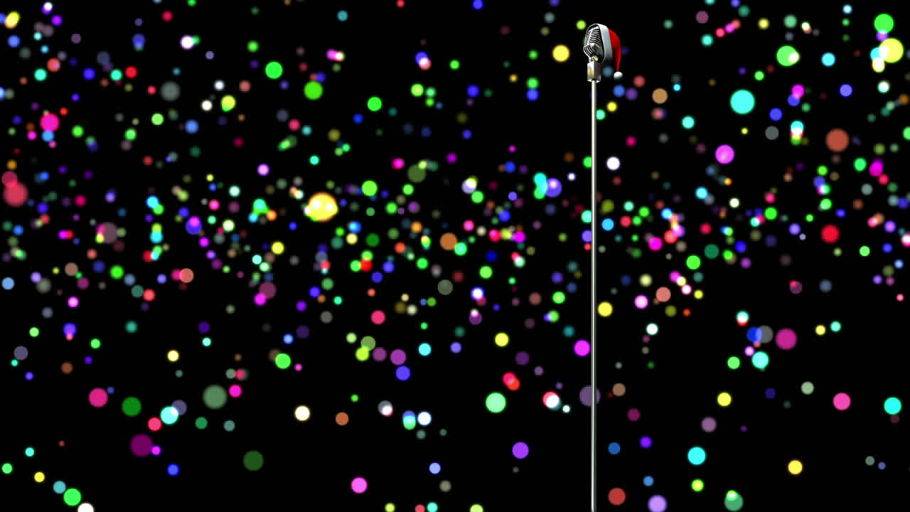 빛나는 다채로운 보케 위에 산타 모자와 함께 rerto 마이크의 애니메이션